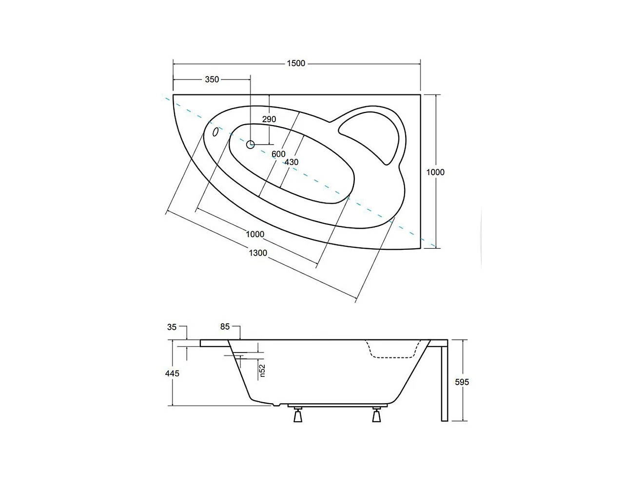 Baignoire asymétrique 150x100 Droite NATALIA PREMIUM acrylique blanc + avec Tablier + Poignées + Repose Tête + Pieds + Vidage à chromé