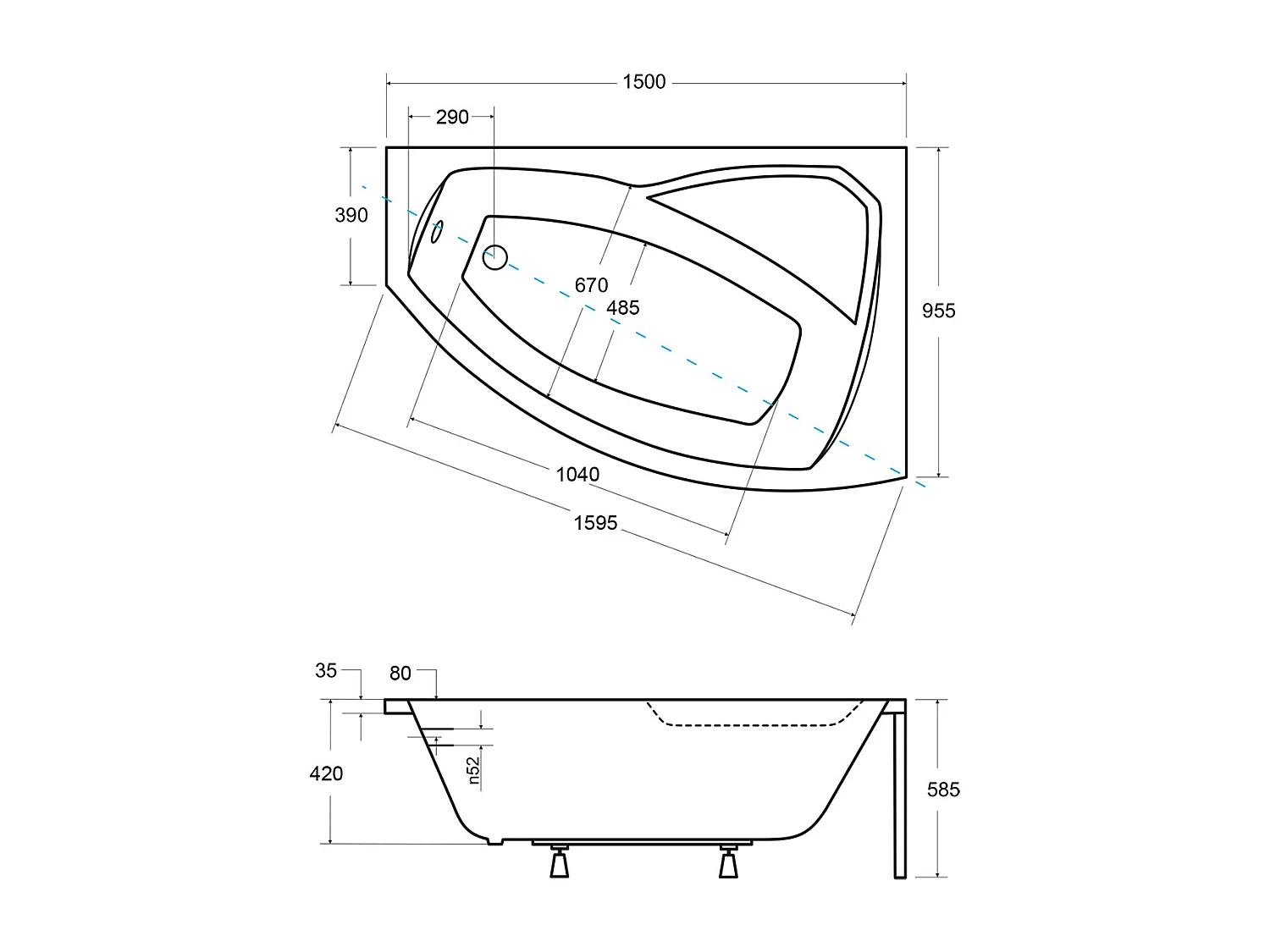Badewanne Eckwanne RIMA 150x95 Rechts mit AcrylSchürze | Ablauf & Füße GRATIS !