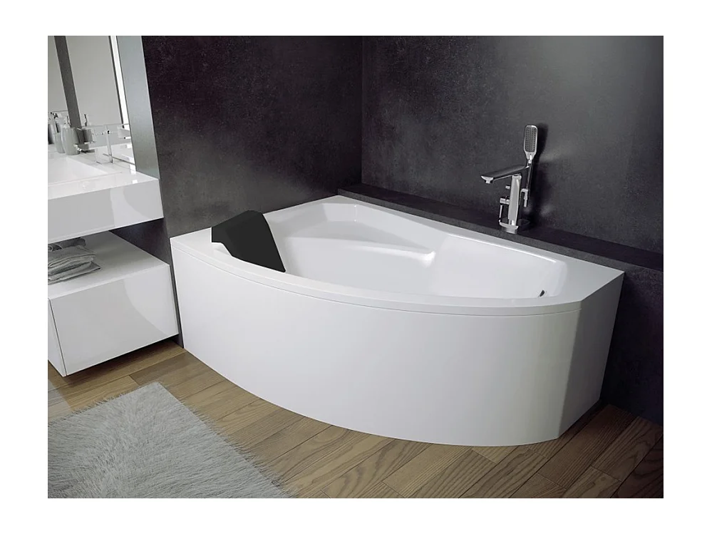 Badewanne Eckwanne RIMA 160x100 Links mit AcrylSchürze und schwarzer Kopfstützen | Ablauf & Füße GRATIS !
