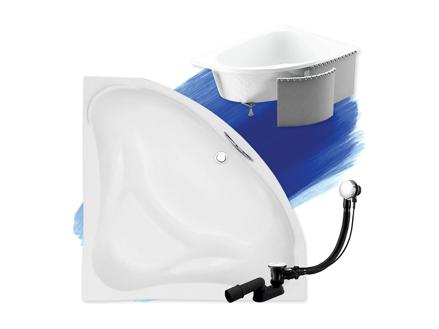 Baignoire asymétrique 134x134 EWA acrylique blanc + Habillage en polystyrène + Pieds + Vidage à chromé