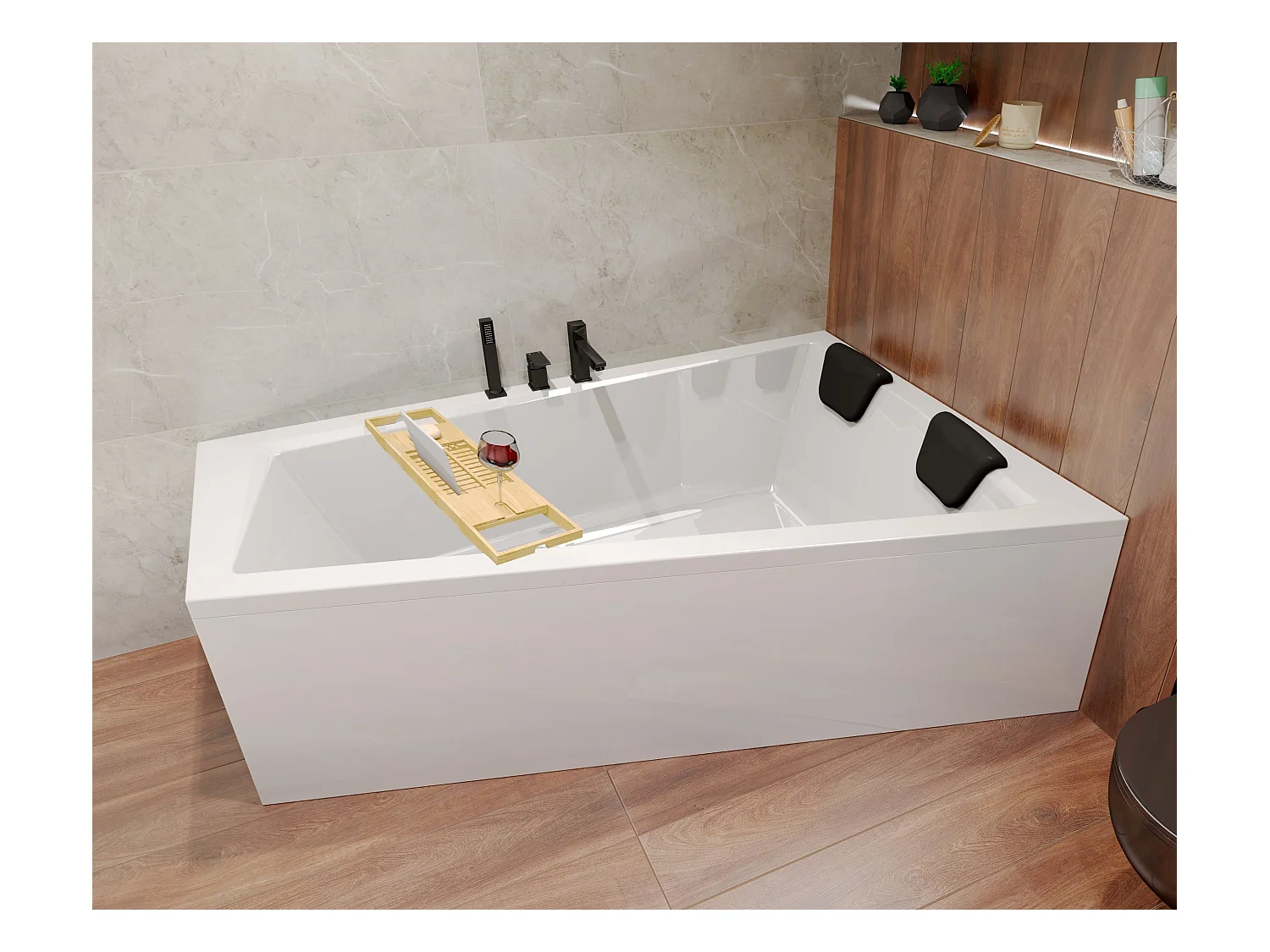 Hoekbad INTIMA 180x125 rechts | Afvoer &amp; poten GRATIS! + 2 hoofdsteunen + bamboe badrek