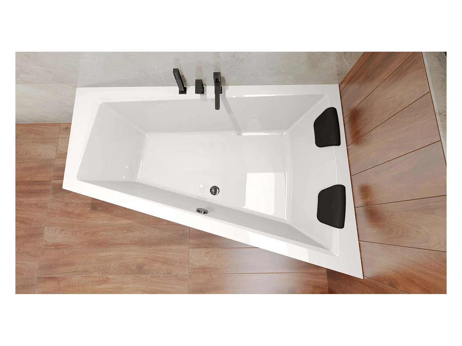 Baignoire asymétrique 180x125 Droite INTIMA acrylique blanc, sans Habillage + Repose Tête + Étagère bambou + Pieds + Vidage à chromé