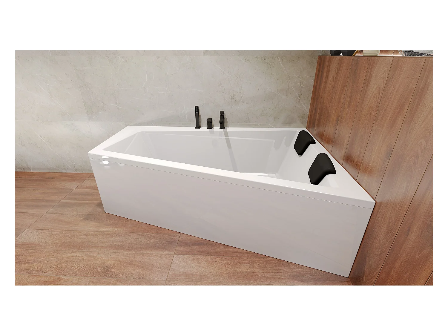 Baignoire asymétrique 180x125 Droite INTIMA acrylique blanc, sans Habillage + Repose Tête + Étagère bambou + Pieds + Vidage à chromé