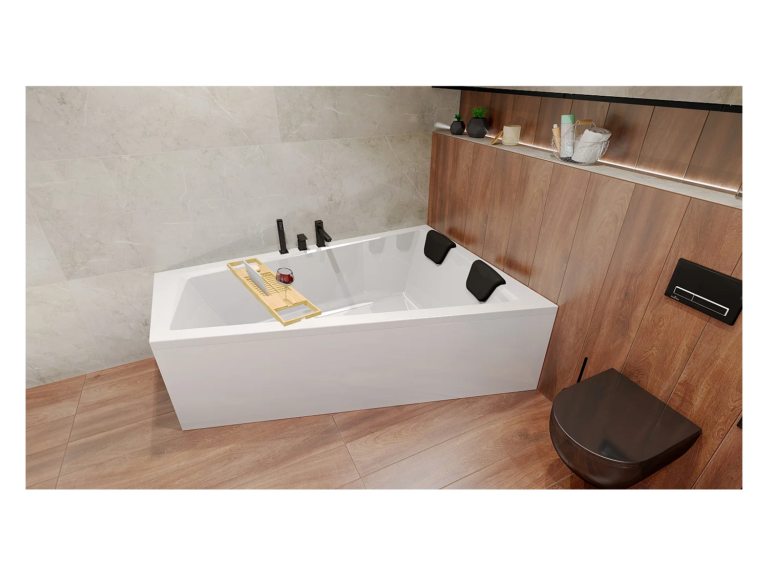 Baignoire asymétrique 180x125 Droite INTIMA acrylique blanc, sans Habillage + Repose Tête + Étagère bambou + Pieds + Vidage à chromé