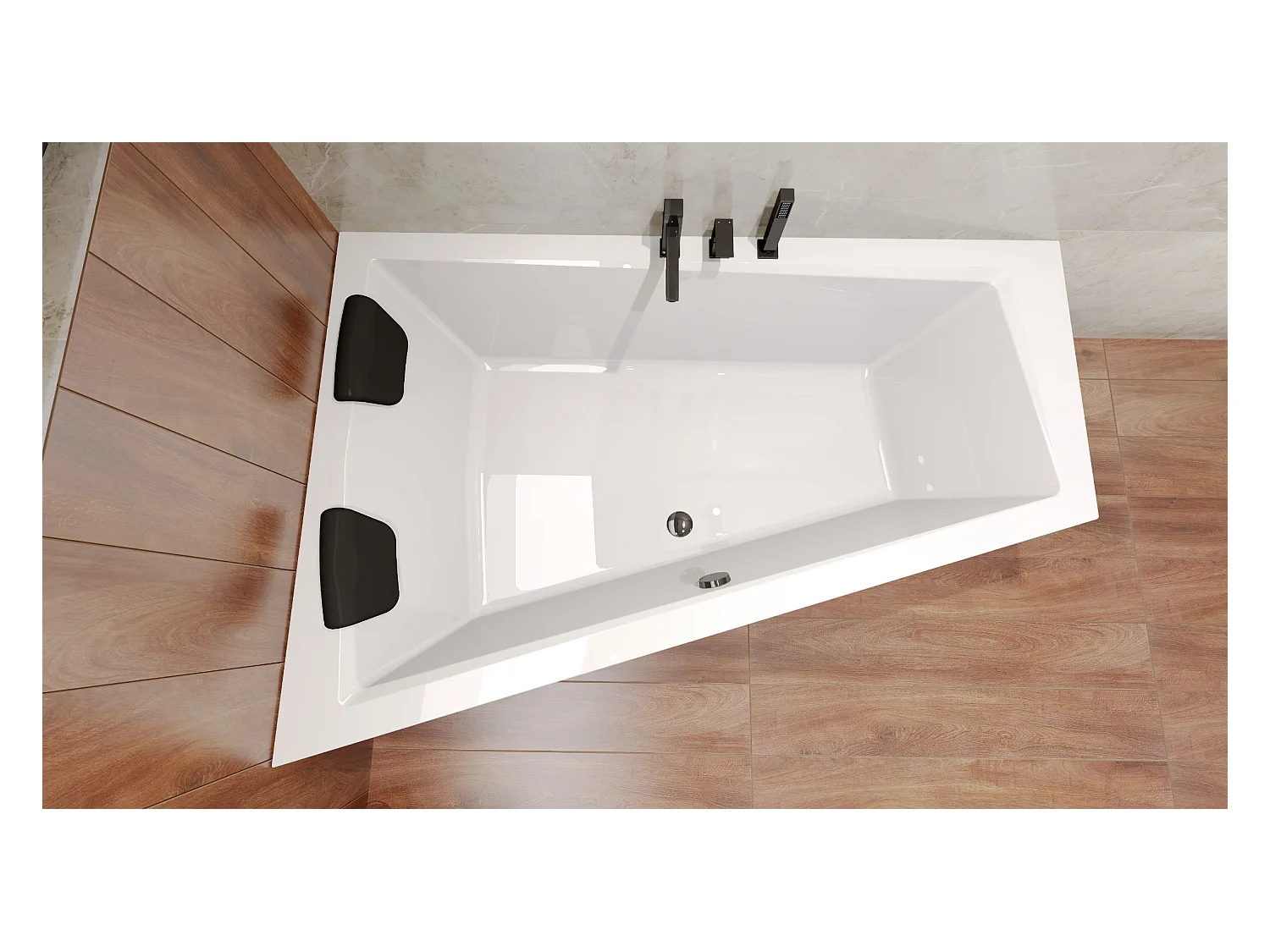 Baignoire asymétrique 160x90 Gauche INTIMA acrylique blanc, sans Habillage + Repose Tête + Étagère bambou + Pieds + Vidage à chromé