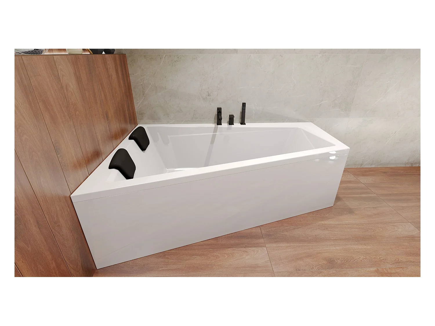 Baignoire asymétrique 160x90 Gauche INTIMA acrylique blanc, sans Habillage + Repose Tête + Étagère bambou + Pieds + Vidage à chromé