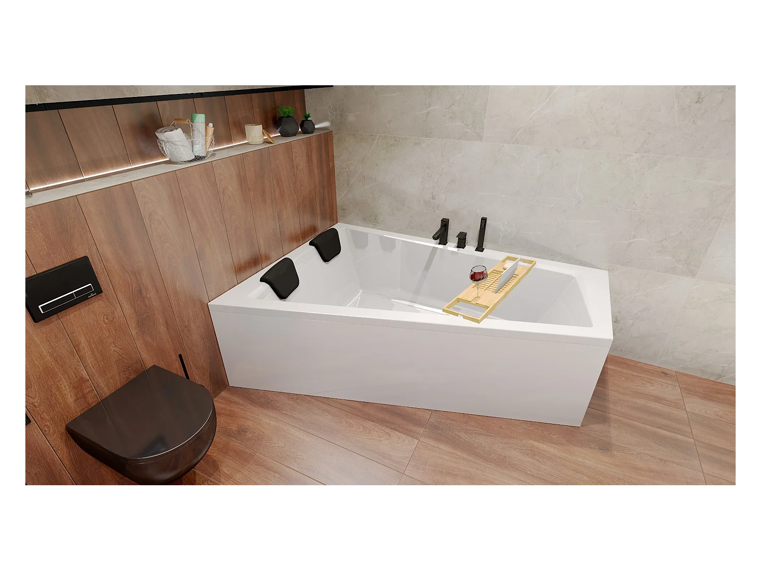 Baignoire asymétrique 160x90 Gauche INTIMA acrylique blanc, sans Habillage + Repose Tête + Étagère bambou + Pieds + Vidage à chromé