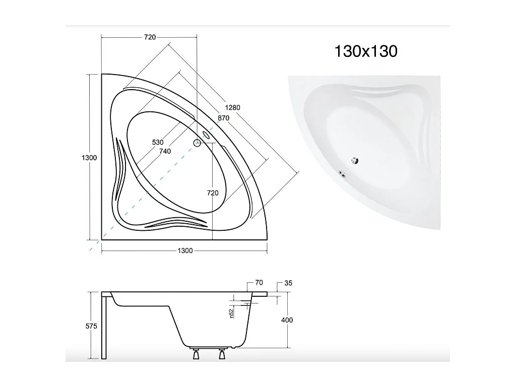 Baignoire asymétrique 130x130 MIA acrylique blanc + avec Tablier + Pieds + Vidage à chromé