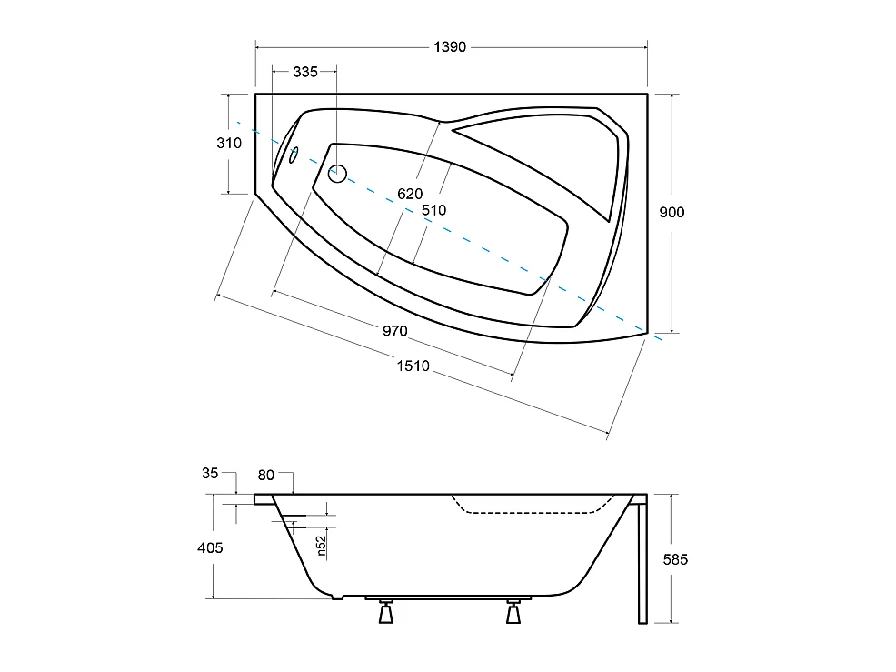 Badewanne Eckwanne RIMA 140x90 Rechts mit AcrylSchürze und schwarzer Kopfstützen | Ablauf & Füße GRATIS !