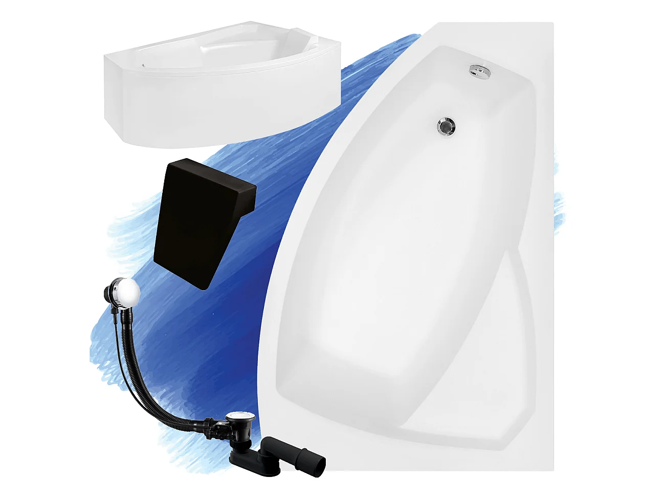 Badewanne Eckwanne RIMA 140x90 Rechts mit AcrylSchürze und schwarzer Kopfstützen | Ablauf & Füße GRATIS !