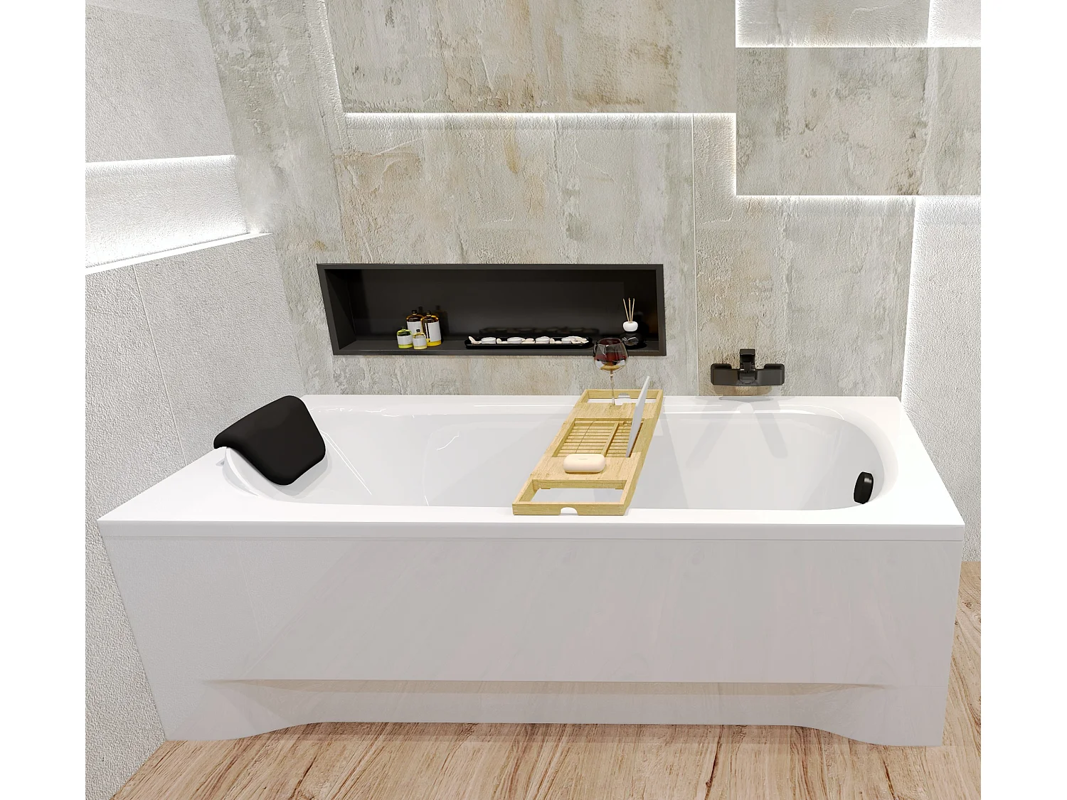 Baignoire rectangulaire 140x70 BONA acrylique blanc, sans Habillage + Étagère bambou + Pieds + Vidage à chromé