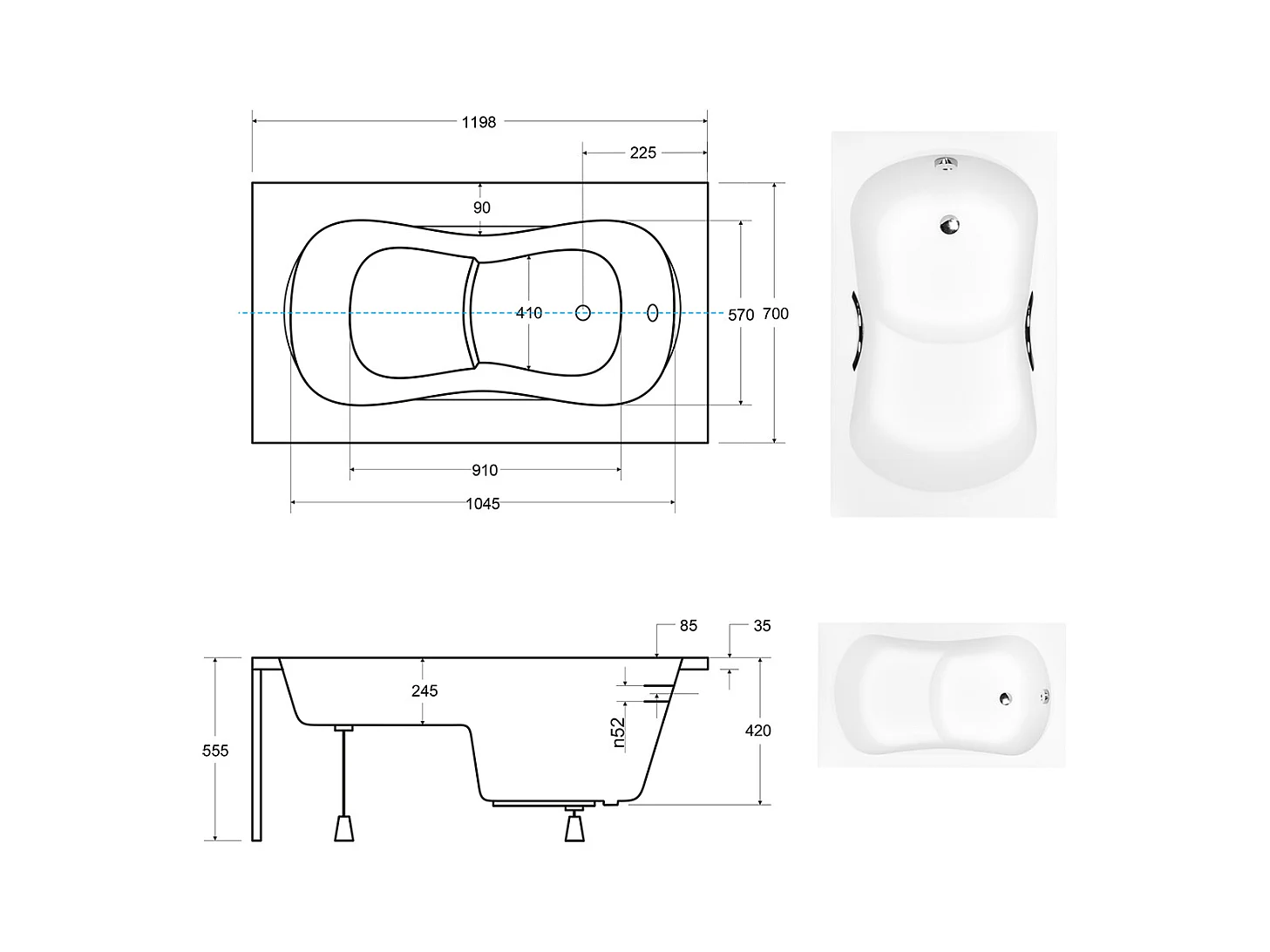 Badewanne Rechteck ARIA REHAB 120x70 mit Handgriffen | Ablauf & Füße GRATIS !
