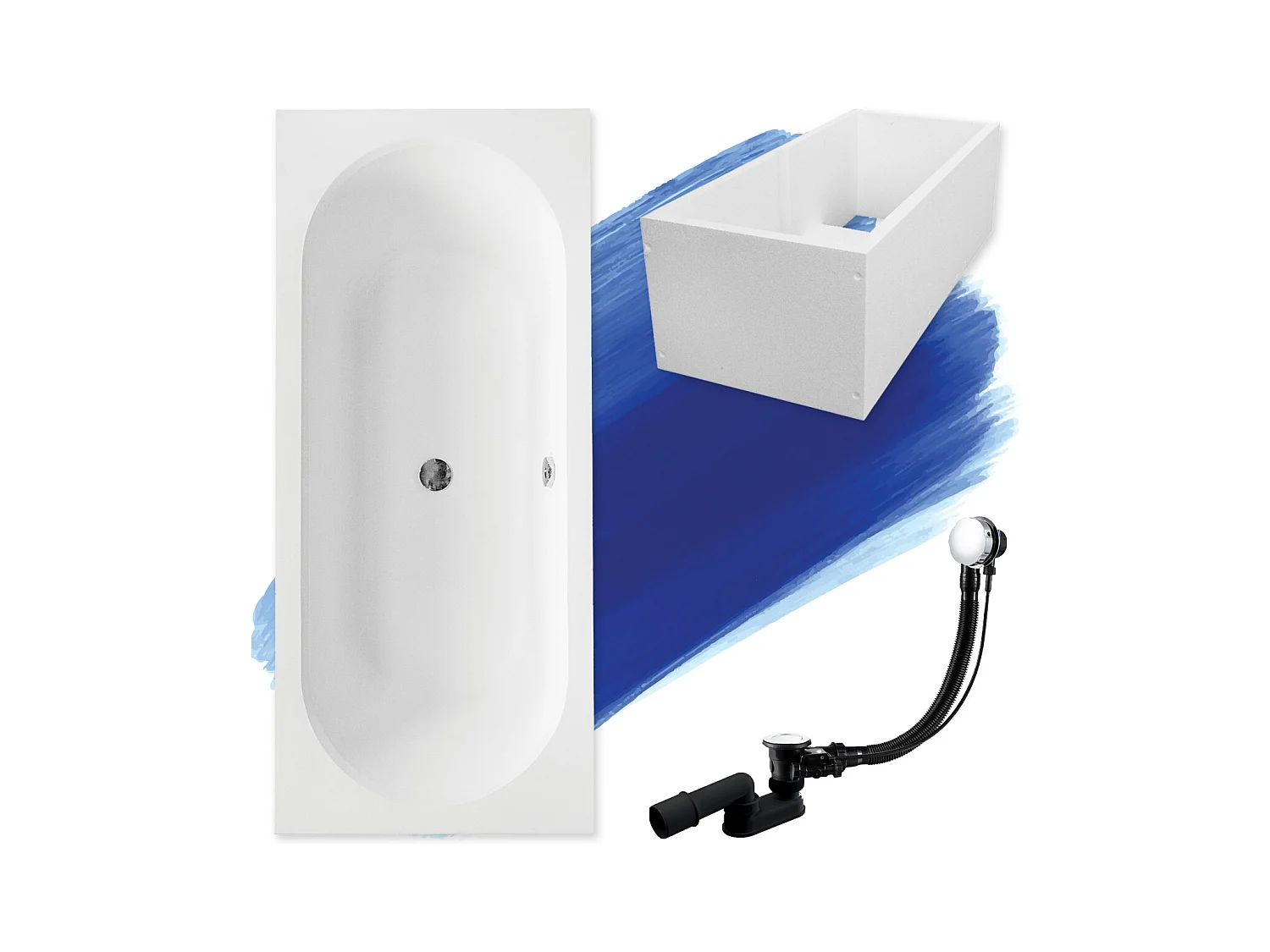 Baignoire rectangulaire 160x75 VITAE acrylique blanc + Support stabilisateur en polystyrène + Pieds + Vidage à chromé