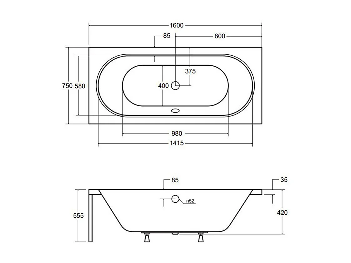 Badewanne Rechteck VITAE 160x75 mit Wannenträger | Ablauf & Füße GRATIS !