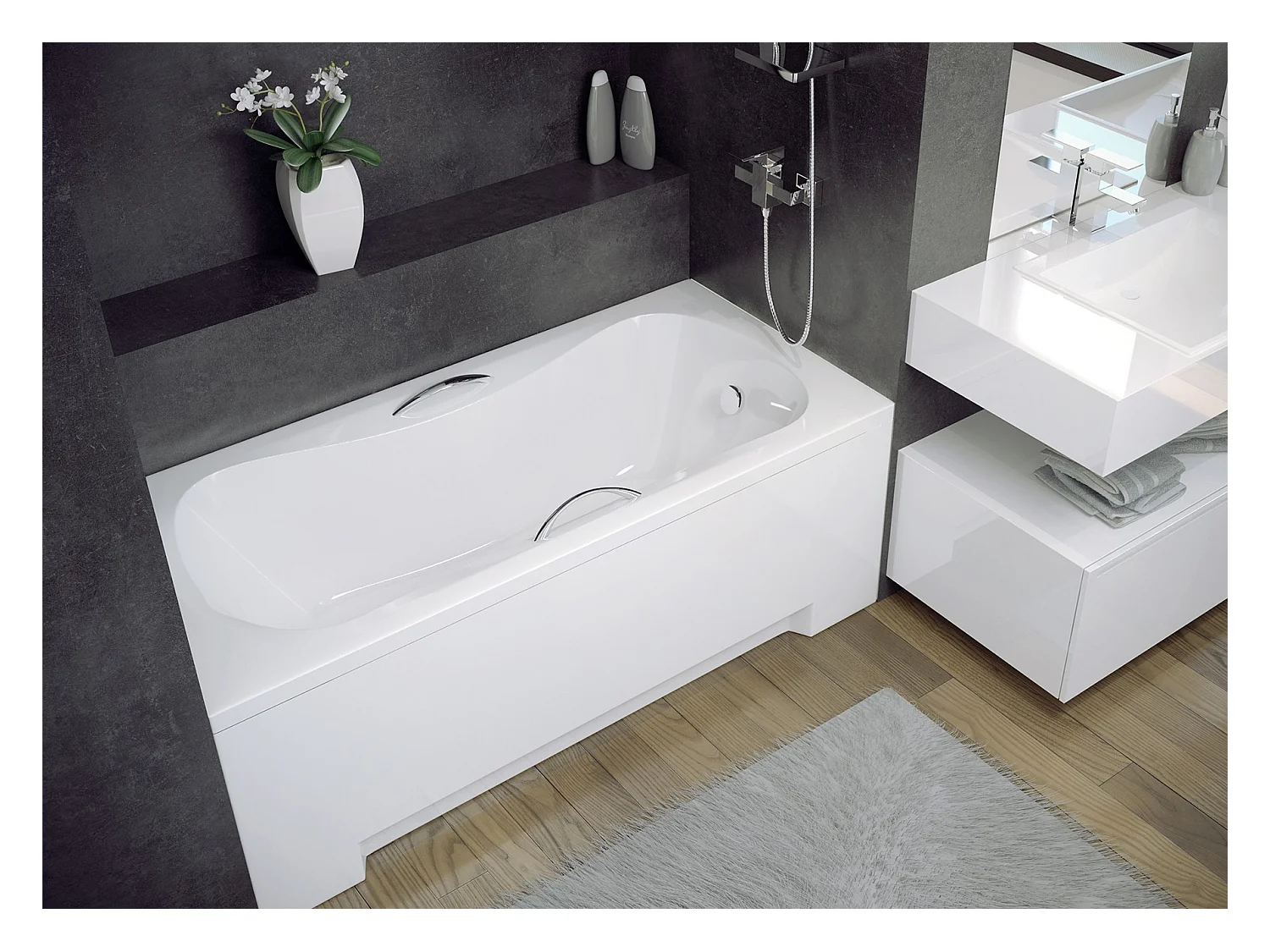 Baignoire rectangulaire 140x70 ARIA PLUS acrylique blanc + avec Tablier + Poignées + Pieds + Vidage à chromé