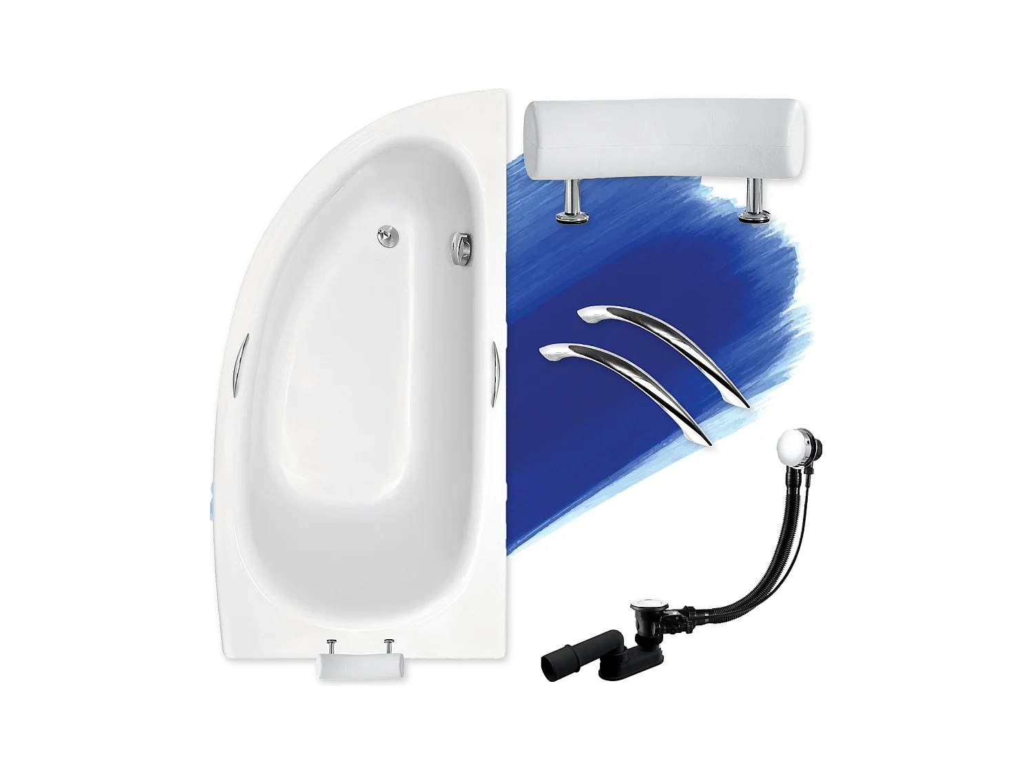 Baignoire asymétrique 150x70 Droite MILENA PREMIUM acrylique blanc, sans Habillage + Poignées + Repose Tête + Pieds + Vidage à chromé