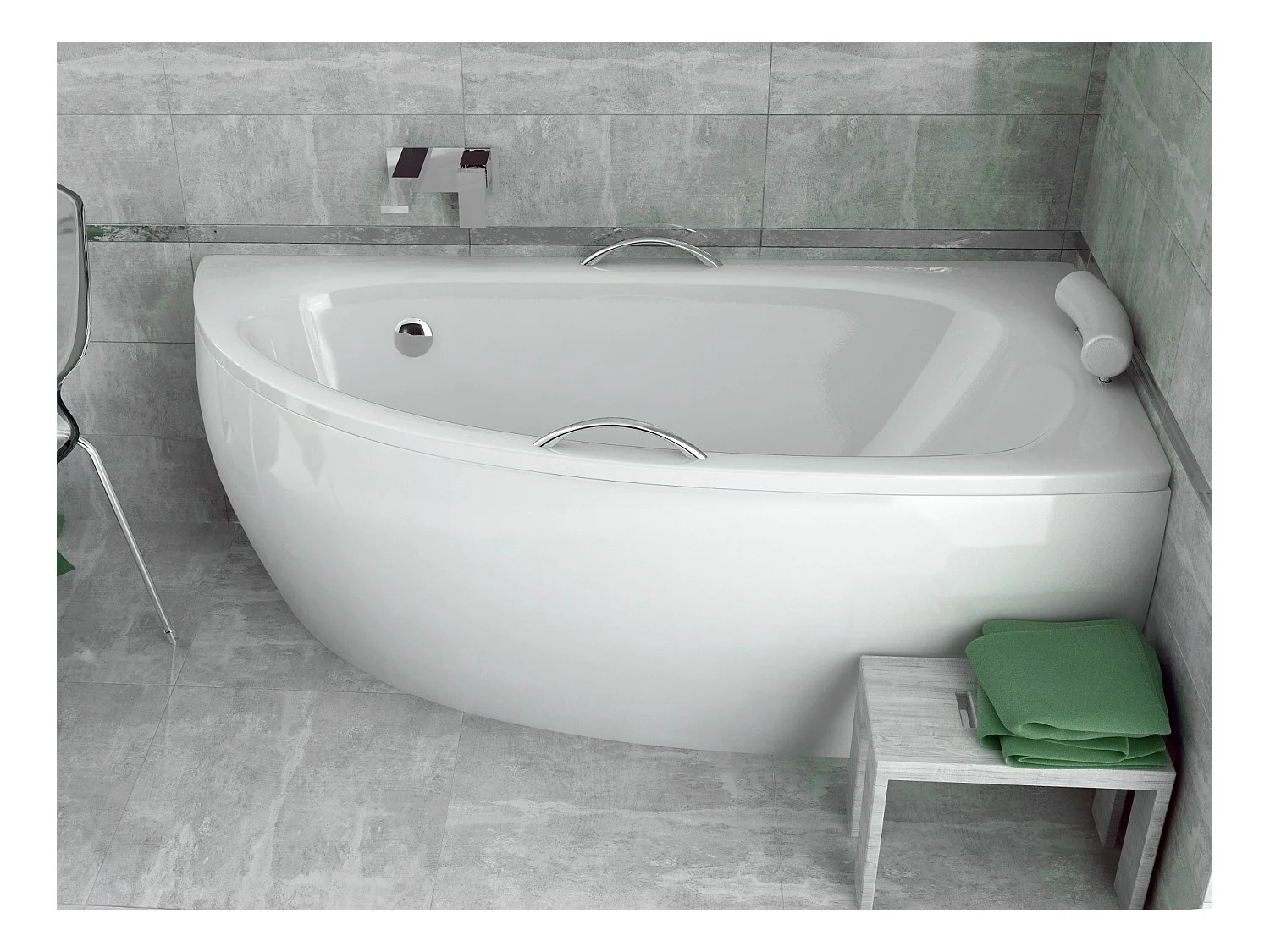 Baignoire asymétrique 150x70 Droite MILENA PREMIUM acrylique blanc, sans Habillage + Poignées + Repose Tête + Pieds + Vidage à chromé