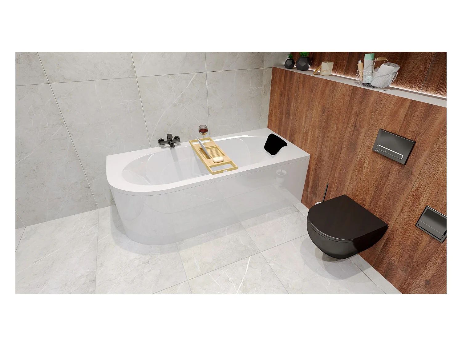 Baignoire asymétrique 170x75 Droite AVITA acrylique blanc, sans Habillage + Étagère bambou + Pieds + Vidage à chromé