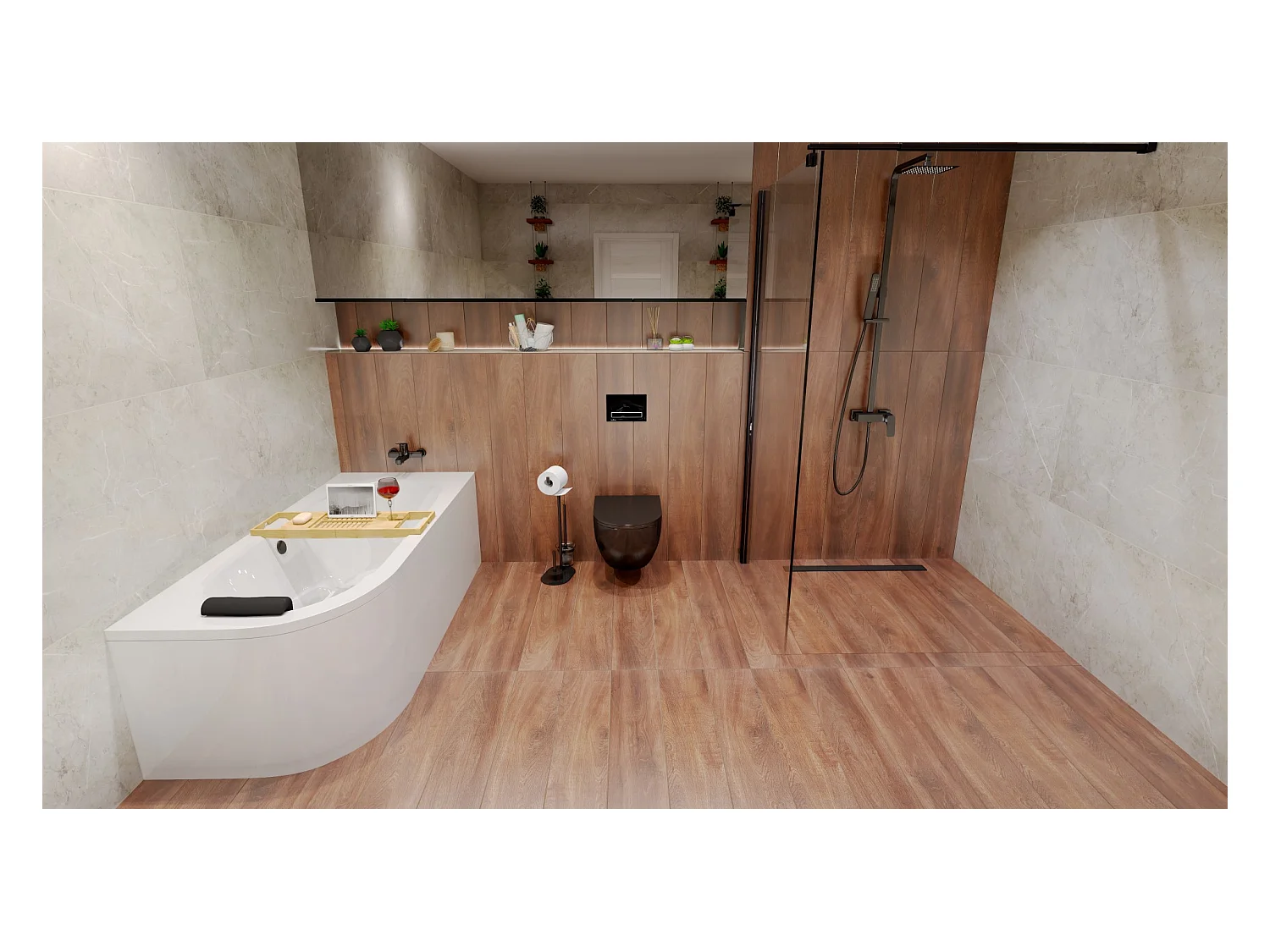 Baignoire asymétrique 170x75 Droite AVITA acrylique blanc, sans Habillage + Étagère bambou + Pieds + Vidage à chromé