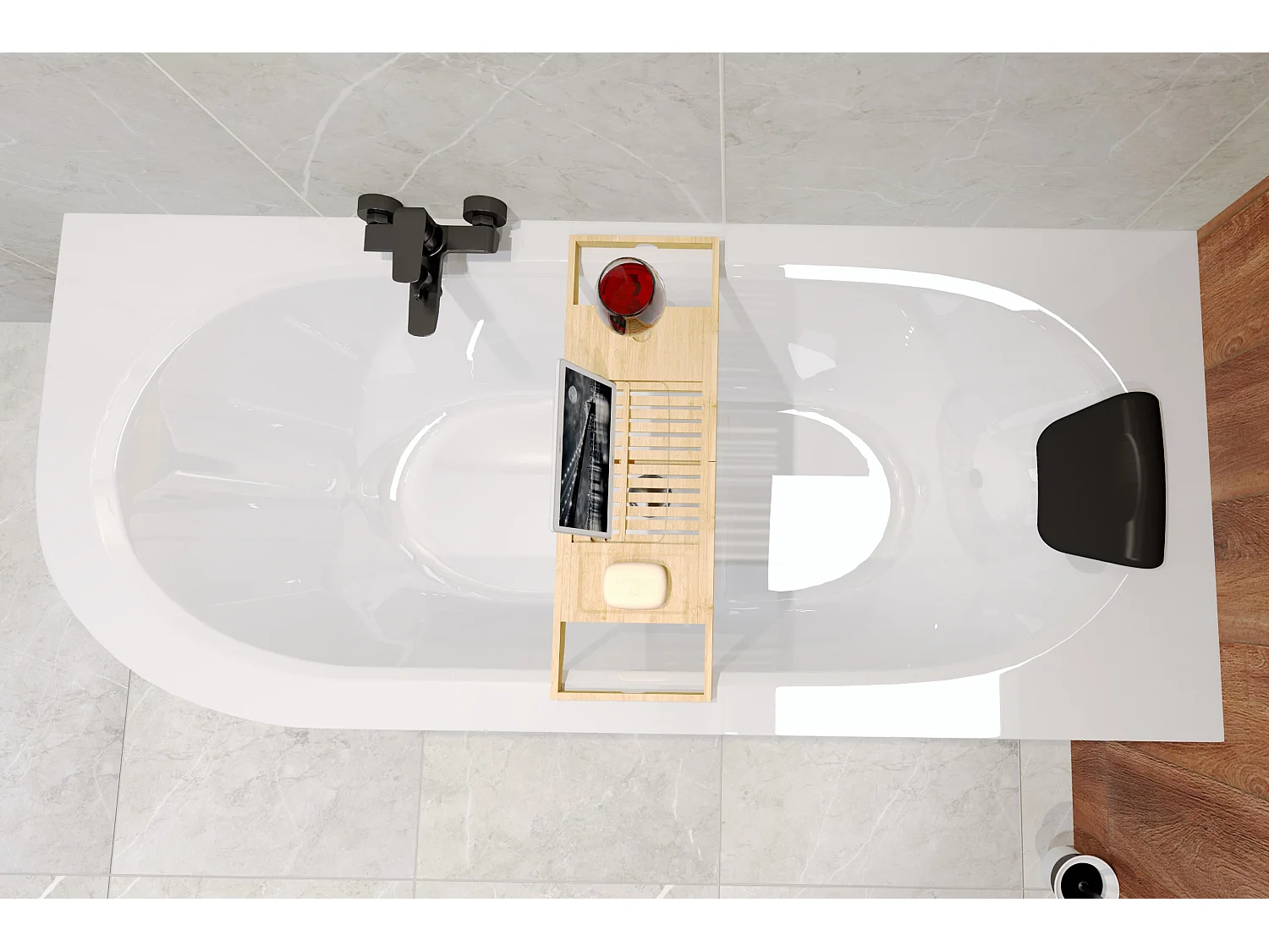 Baignoire asymétrique 170x75 Droite AVITA acrylique blanc, sans Habillage + Étagère bambou + Pieds + Vidage à chromé