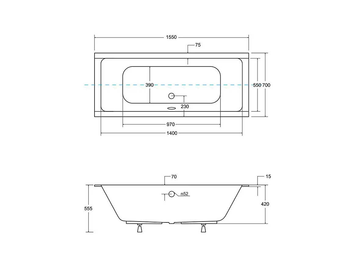 Badewanne Rechteck QUADRO SLIM 155x70 | Ablauf & Füße GRATIS !