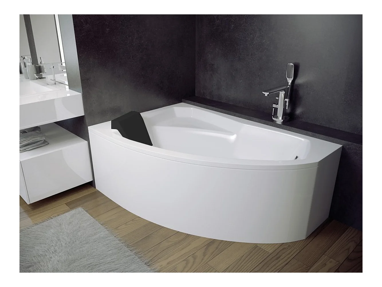 Badewanne Eckwanne RIMA 130x85 Links mit schwarzer Kopfstützen | Ablauf & Füße GRATIS !