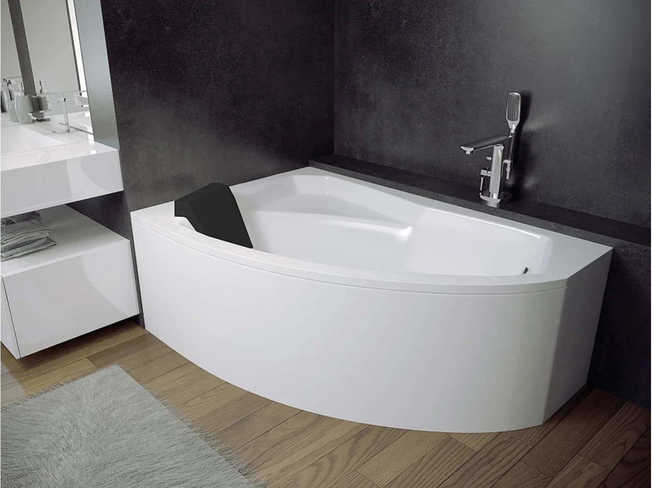Baignoire asymétrique 130x85 Gauche RIMA acrylique blanc, sans Habillage + Repose Tête + Pieds + Vidage à chromé