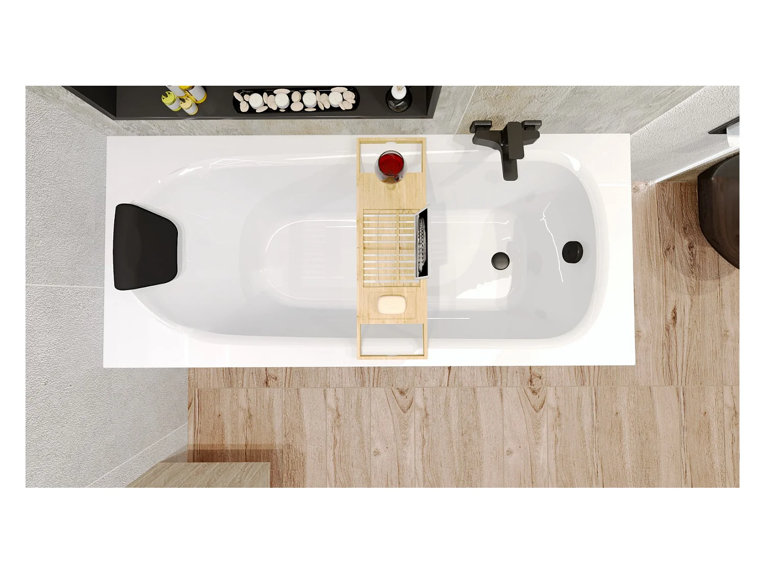 Baignoire rectangulaire 160x70 BONA acrylique blanc, sans Habillage + Repose Tête + Étagère bambou + Pieds + Vidage à chromé