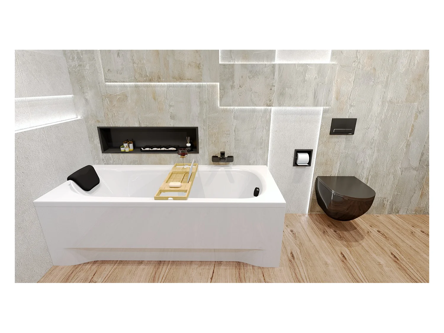 Baignoire rectangulaire 160x70 BONA acrylique blanc, sans Habillage + Repose Tête + Étagère bambou + Pieds + Vidage à chromé