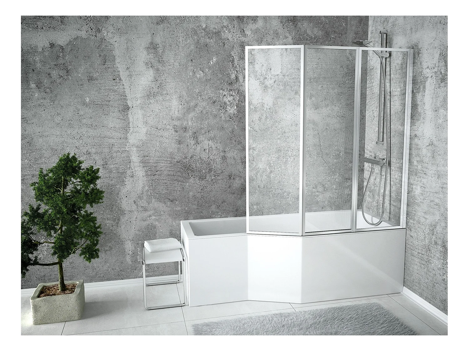 Baignoire asymétrique 170x75 Droite INTEGRA acrylique blanc + avec Tablier + Écran + Pieds + Vidage à chromé