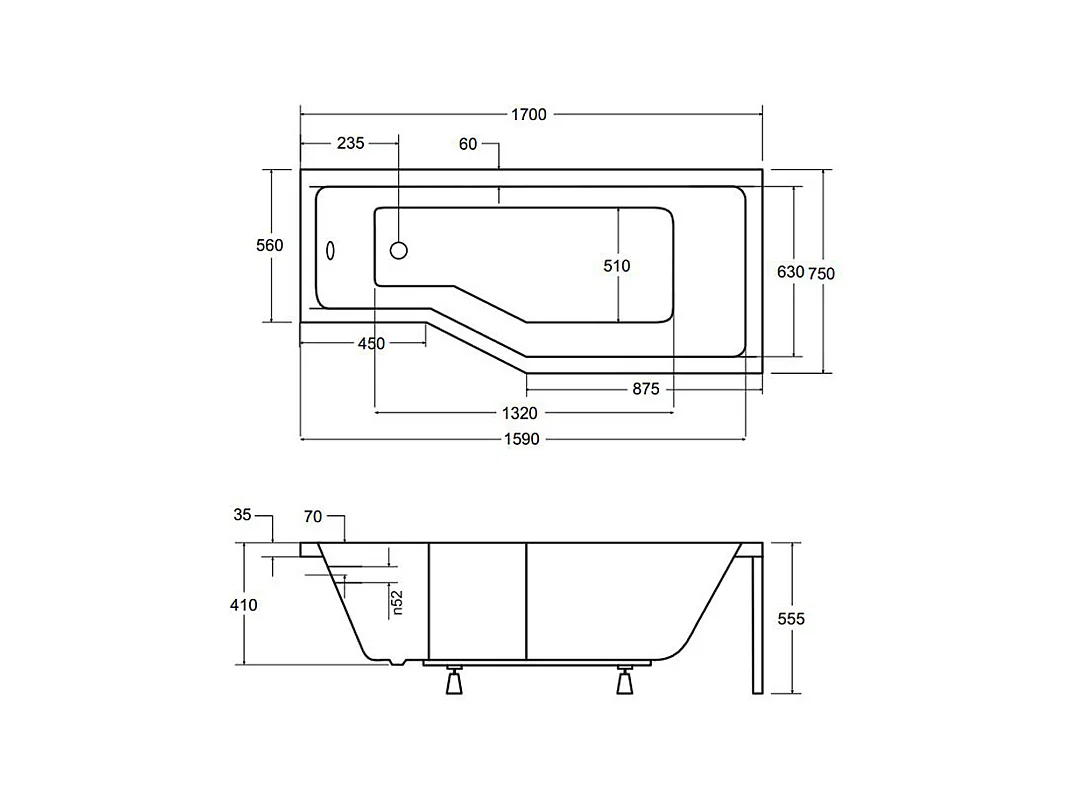 Baignoire asymétrique 170x75 Droite INTEGRA acrylique blanc + avec Tablier + Écran + Pieds + Vidage à chromé