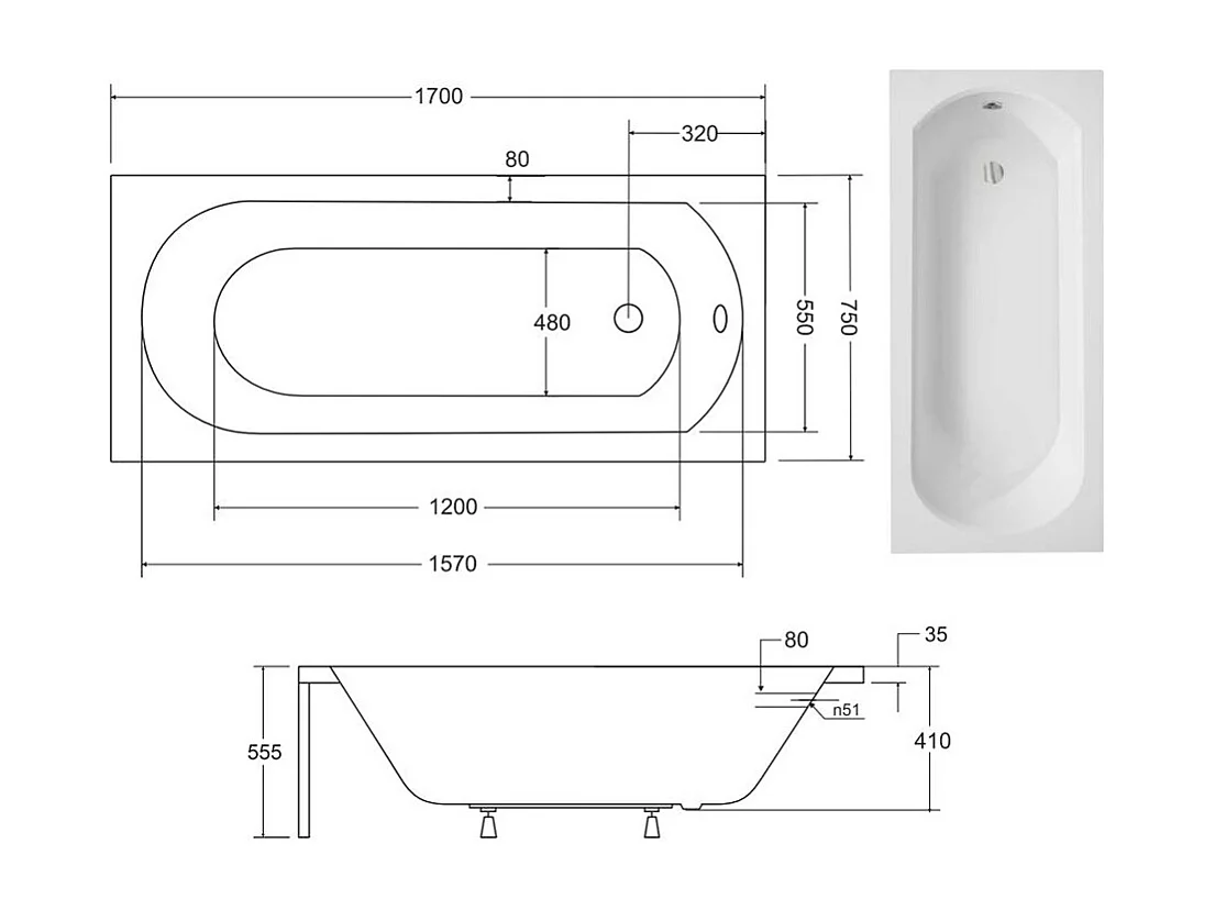 Badewanne Rechteck INTRICA 170x75 mit Styroporverkleidung | Ablauf & Füße GRATIS !