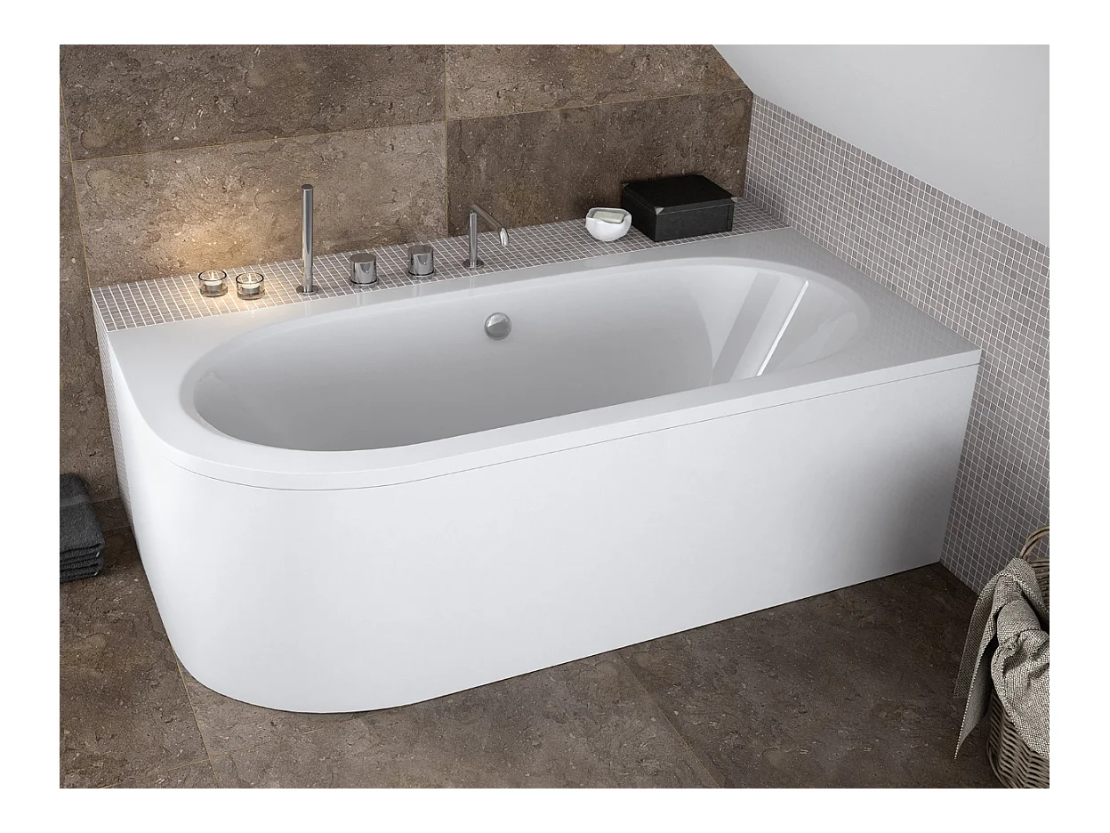 Baignoire asymétrique 160x75 Droite AVITA acrylique blanc, sans Habillage + Pieds + Vidage à chromé