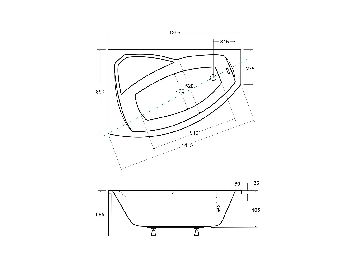 Badewanne Eckwanne RIMA 130x85 Links mit weißer Kopfstützen | Ablauf & Füße GRATIS !