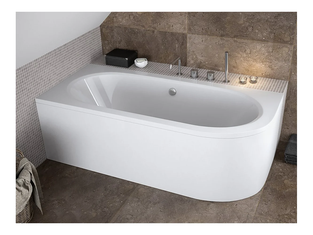Baignoire asymétrique 160x75 Gauche AVITA acrylique blanc + avec Tablier + Pieds + Vidage à chromé
