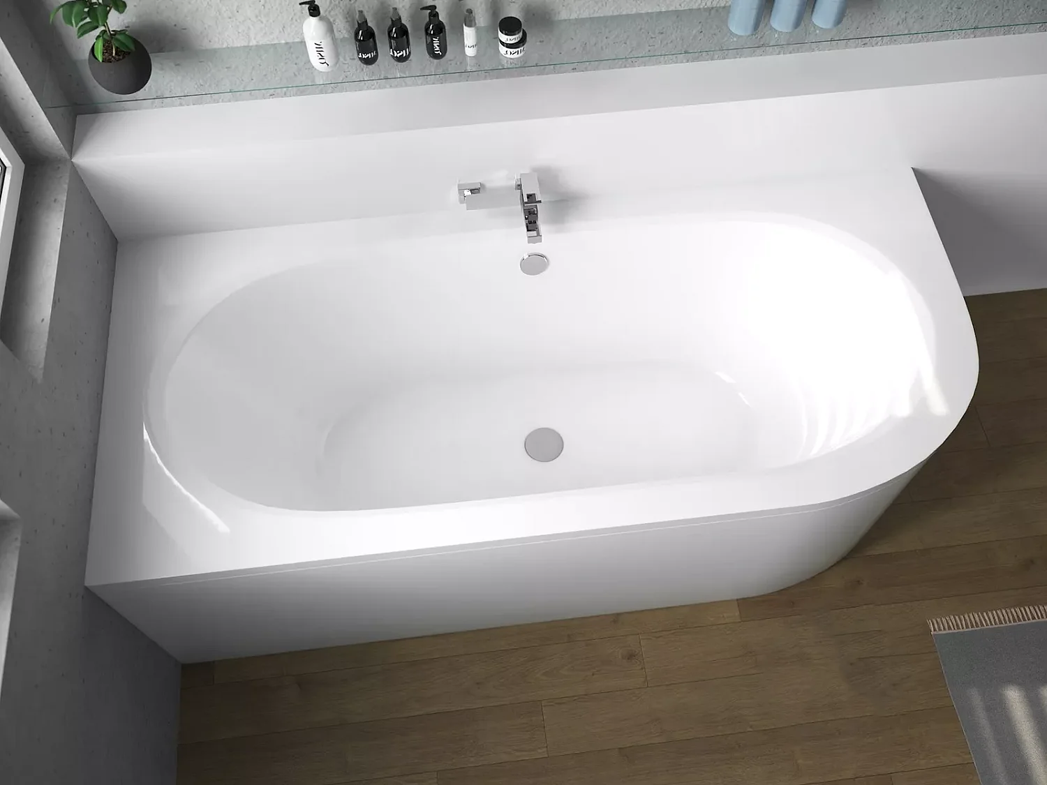 Baignoire asymétrique 160x75 Gauche AVITA acrylique blanc + avec Tablier + Pieds + Vidage à chromé