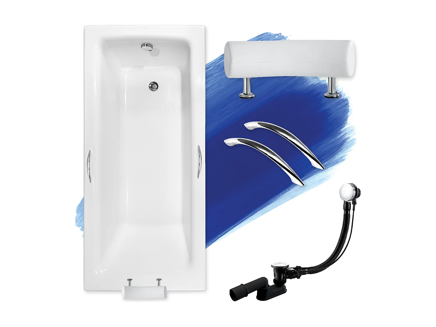 Baignoire rectangulaire 170x75 TALIA PREMIUM acrylique blanc, sans Habillage + Poignées + Repose Tête + Pieds + Vidage à chromé