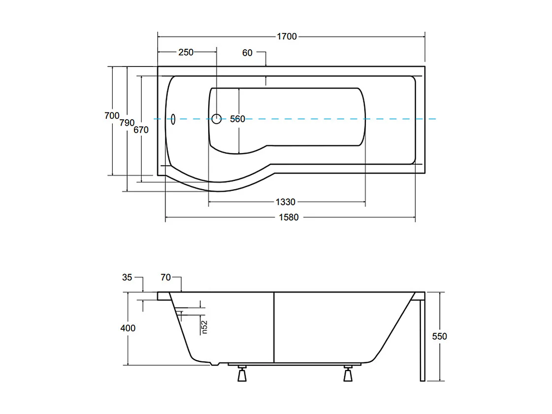 Badewanne Rechteck INSPIRO 170x70 Links mit AcrylSchürze | Ablauf & Füße GRATIS !