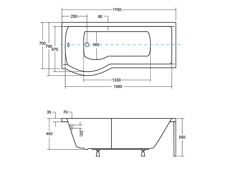 Badewanne Rechteck INSPIRO 170x70 Links mit AcrylSchürze | Ablauf & Füße GRATIS !