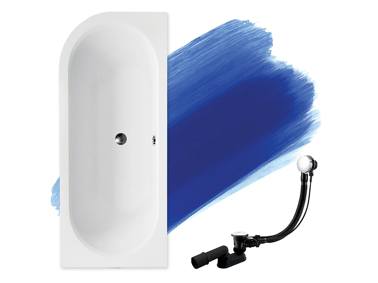 Baignoire asymétrique 170x75 Droite AVITA acrylique blanc, sans Habillage + Pieds + Vidage à chromé