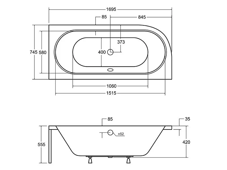 Baignoire asymétrique 170x75 Droite AVITA acrylique blanc, sans Habillage + Pieds + Vidage à chromé