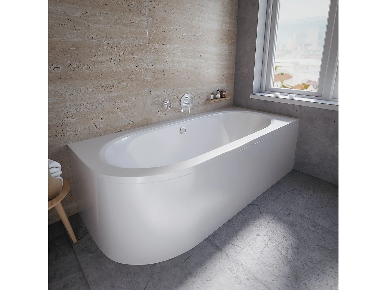 Baignoire asymétrique 170x75 Droite AVITA acrylique blanc, sans Habillage + Pieds + Vidage à chromé