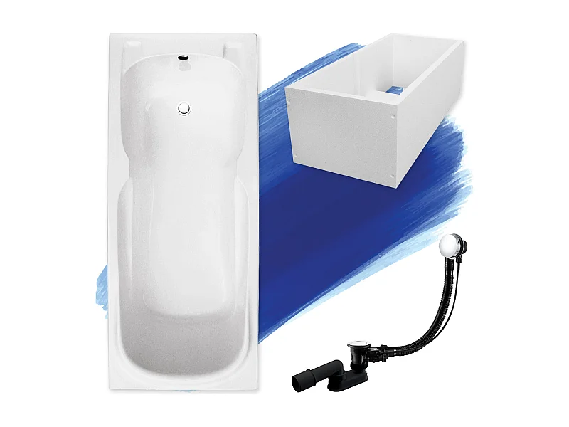 Baignoire rectangulaire 160x70 MAJKA acrylique blanc + Support stabilisateur en polystyrène + Pieds + Vidage à chromé