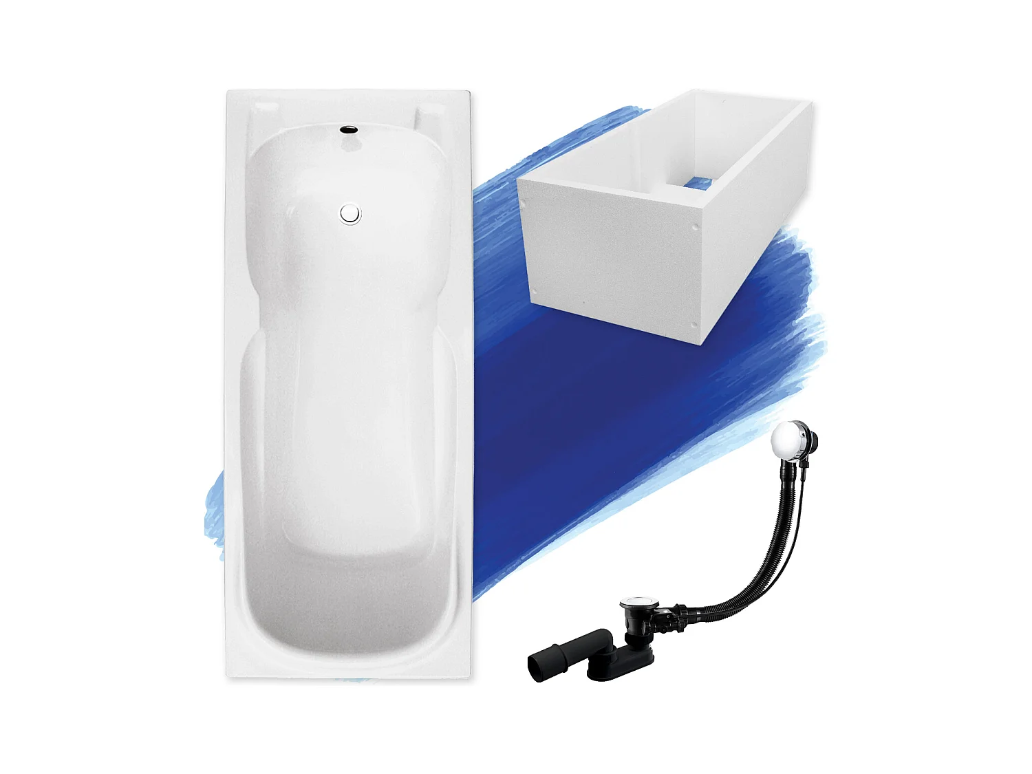 Baignoire rectangulaire 160x70 MAJKA acrylique blanc + Support stabilisateur en polystyrène + Pieds + Vidage à chromé