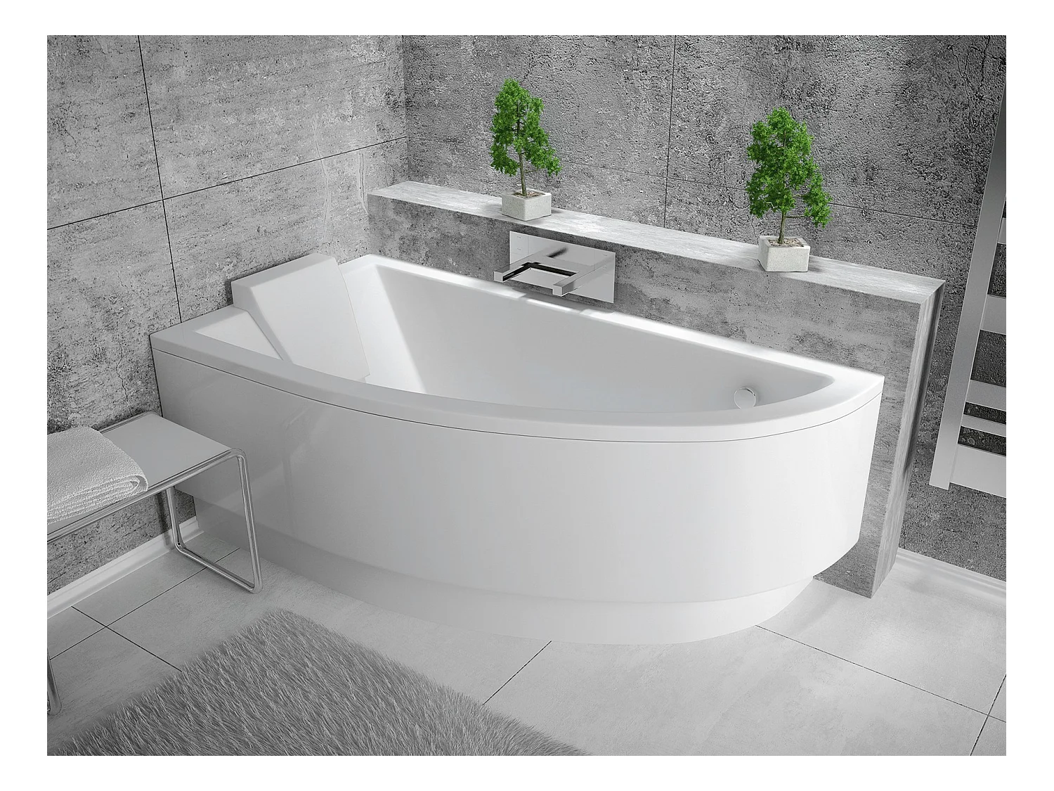 Baignoire asymétrique 140x70 Gauche PRAKTIKA acrylique blanc + avec Tablier + Pieds + Vidage à chromé