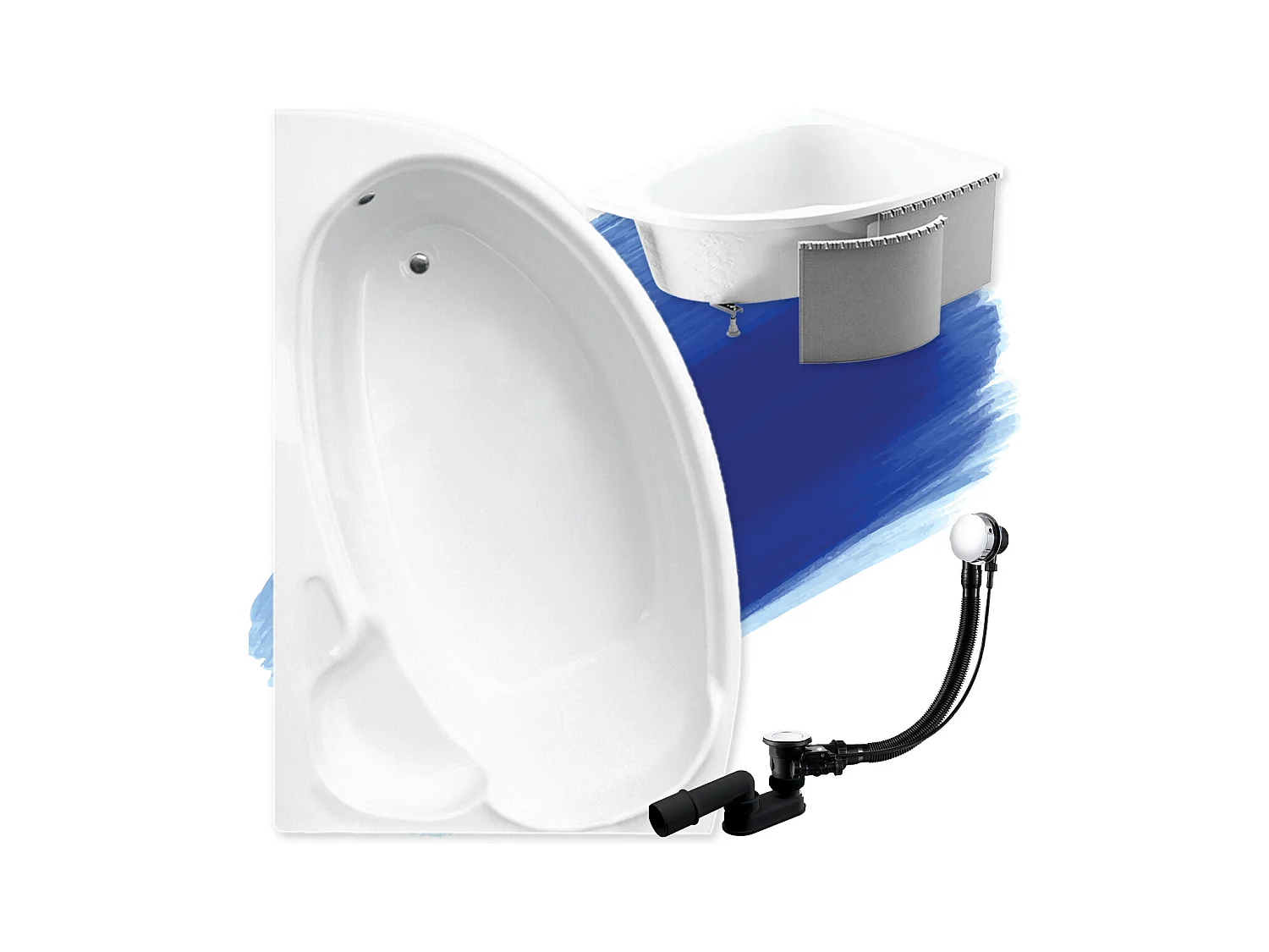 Baignoire asymétrique 140x95 Gauche FINEZJA acrylique blanc + Habillage en polystyrène + Pieds + Vidage à chromé