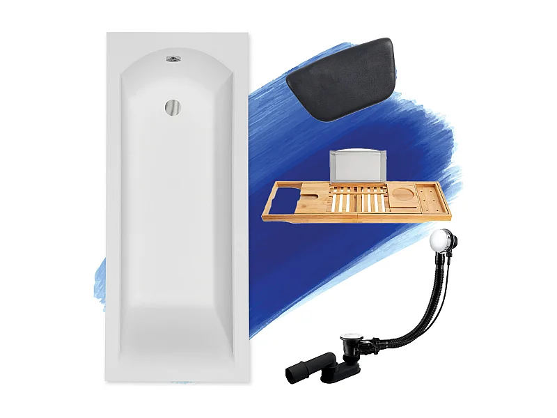 Badewanne Rechteck SHEA 160x70 | Ablauf & Füße GRATIS mit Kopfstütze + Bambus Badewannenablage