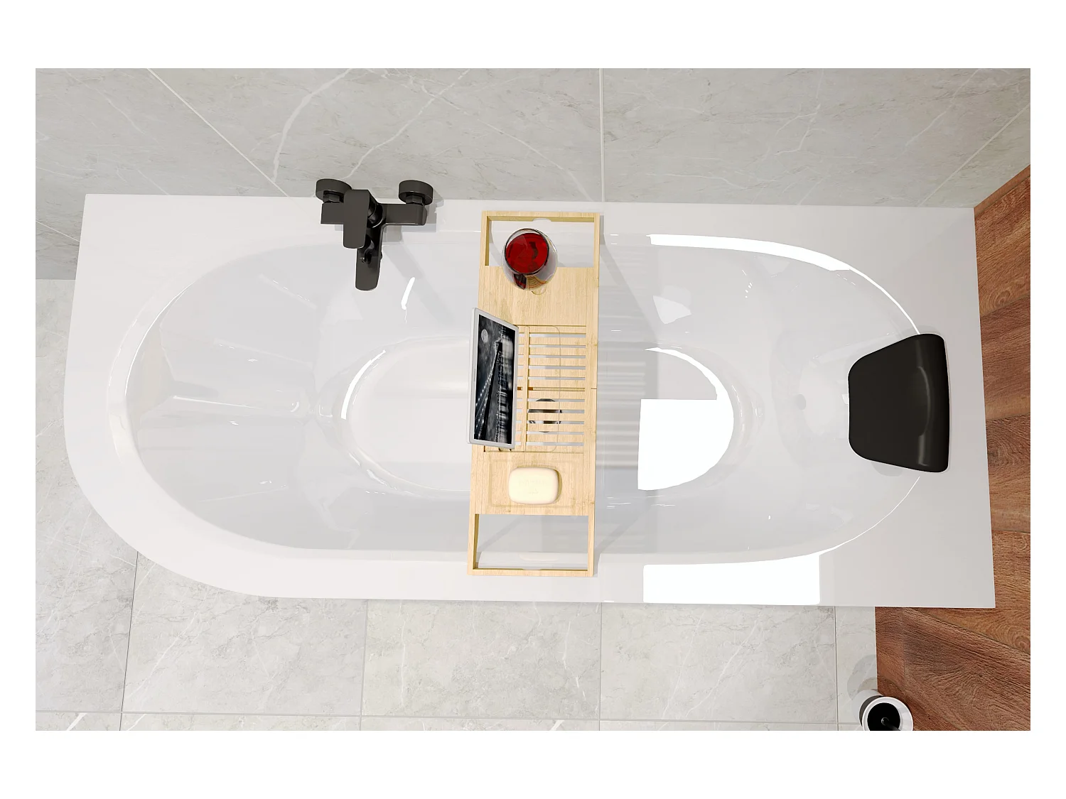 Hoekbad AVITA 180x80 rechts + bamboe badrek + hoofdsteun KODI | Afvoer &amp; voeten GRATIS!