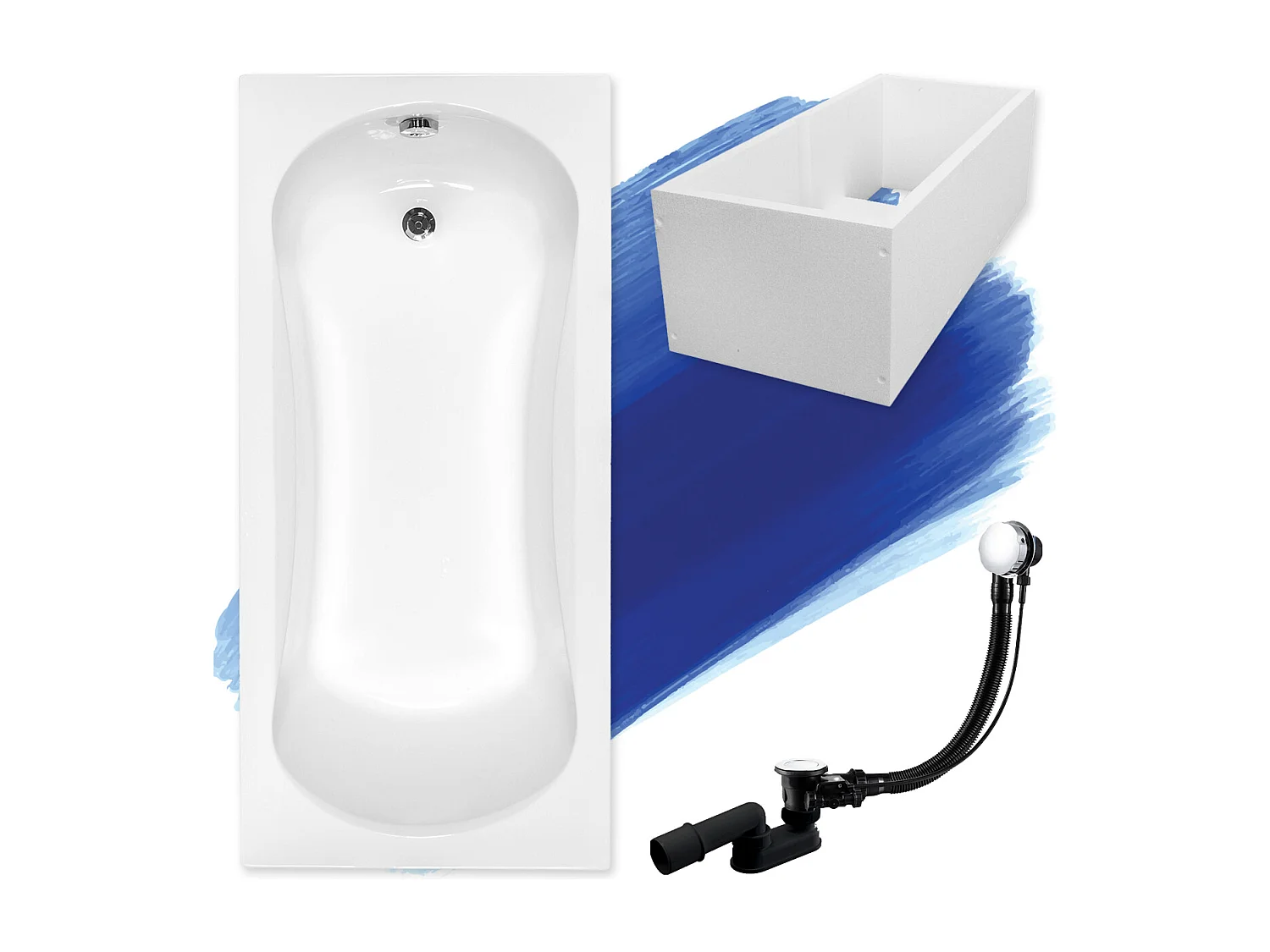 Baignoire rectangulaire 140x70 ARIA acrylique blanc + Support stabilisateur en polystyrène + Pieds + Vidage à chromé