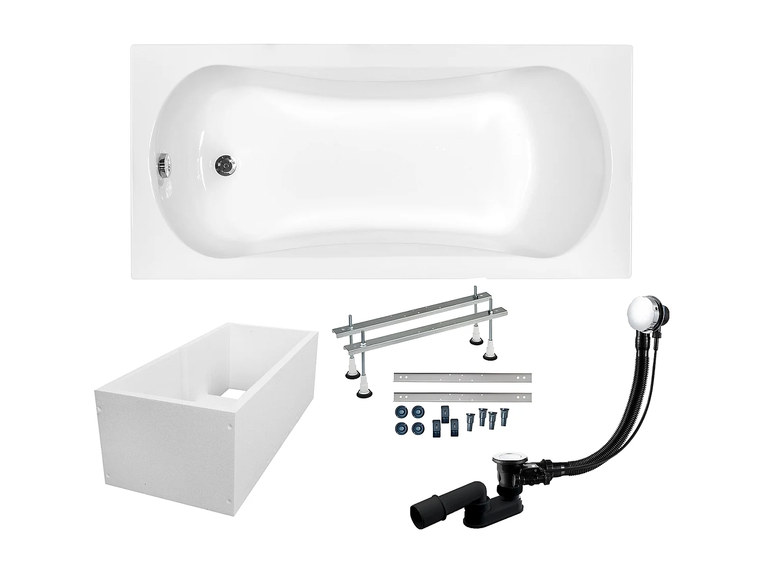 Baignoire rectangulaire 140x70 ARIA acrylique blanc + Support stabilisateur en polystyrène + Pieds + Vidage à chromé
